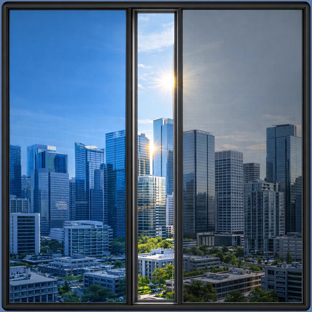 Ventana con tres paños: vidrio sin film, vidrio con film azulado y vidrio con film humo
